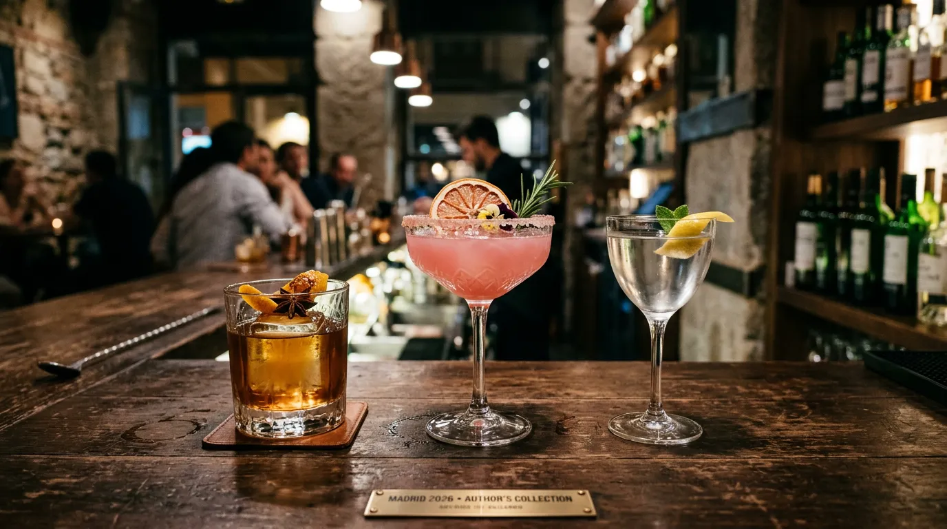Three signature cocktails at Stillroom Madrid on a wooden bar