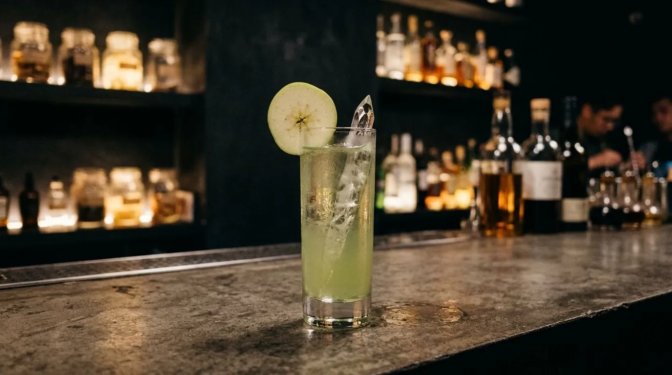 Highball con cordial de manzana verde servido con hielo en Stillroom