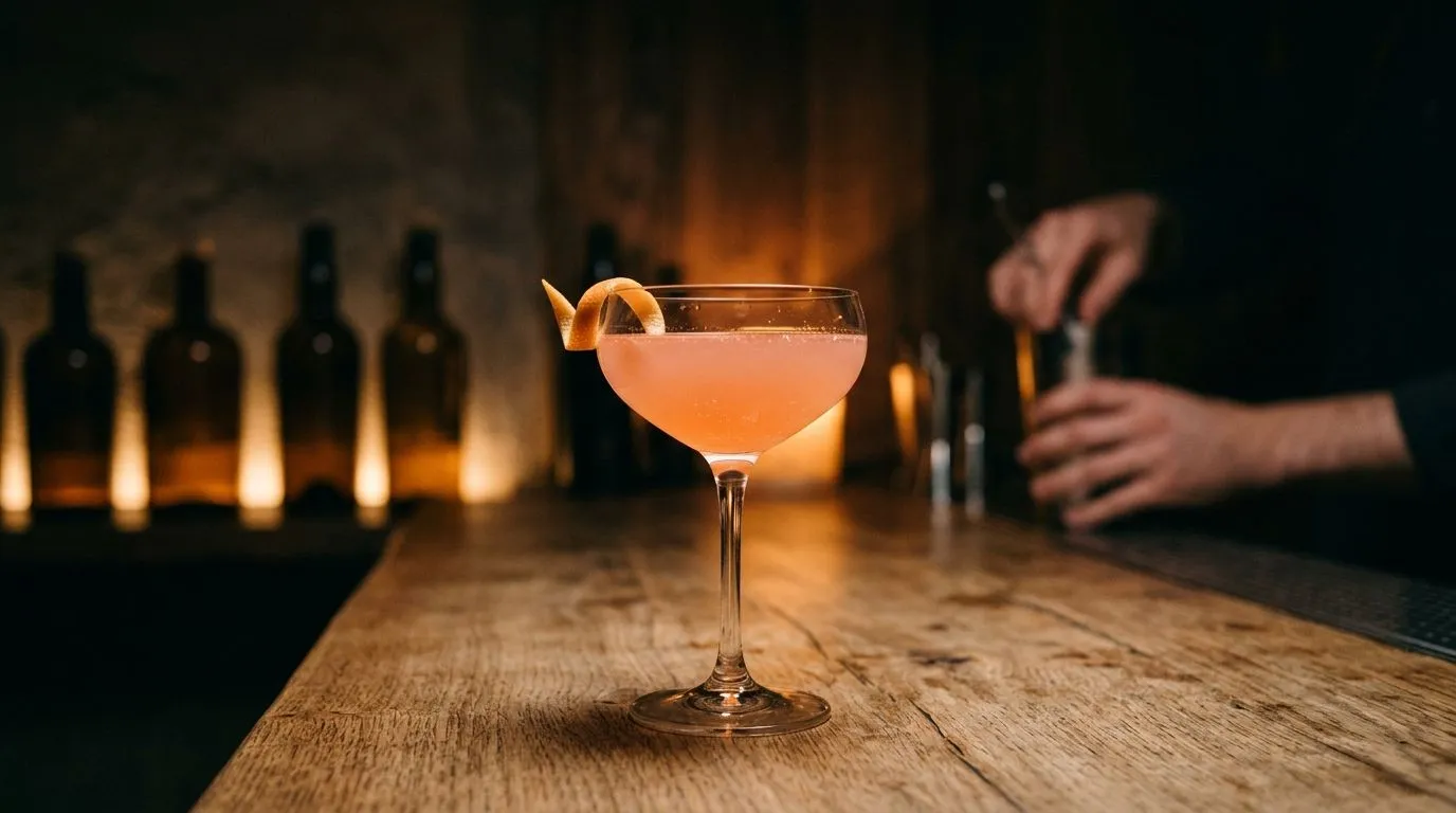 Cóctel cítrico con cordial de pomelo rosa servido en copa en la barra