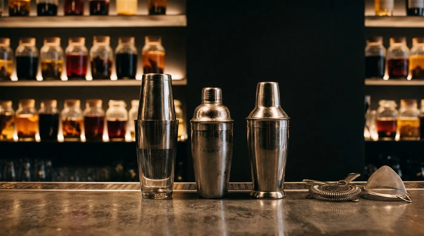 Three types of shaker — Boston, Cobbler and Parisian — lined up at the microcement bar at STILLROOM