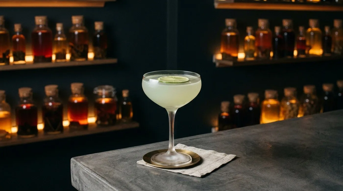 Gimlet servido en copa coupe elaborado con cordial de lima sobre la barra de STILLROOM
