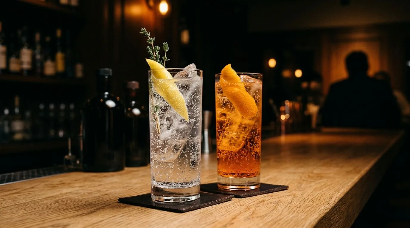 Dos highballs con guarniciones cítricas distintas sobre la barra