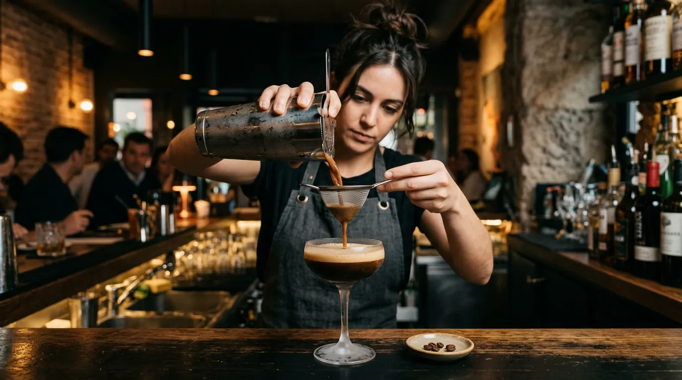 Bartender double-straining an Espresso Martini through a fine-mesh strainer into a coupe glass