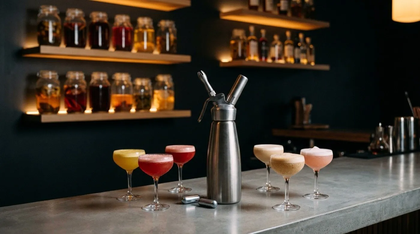 Sifón de cocina con cargas y varias espumas de distintos colores en la barra de microcemento de STILLROOM