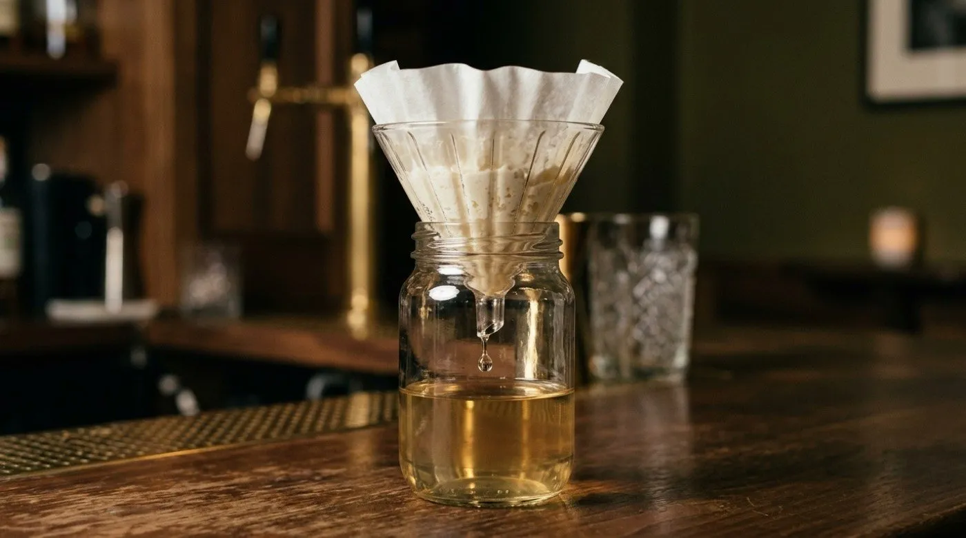 Filtering a milk-clarified cocktail at STILLROOM Madrid: milky curd trapping cloudiness in a coffee filter over a collecting glass