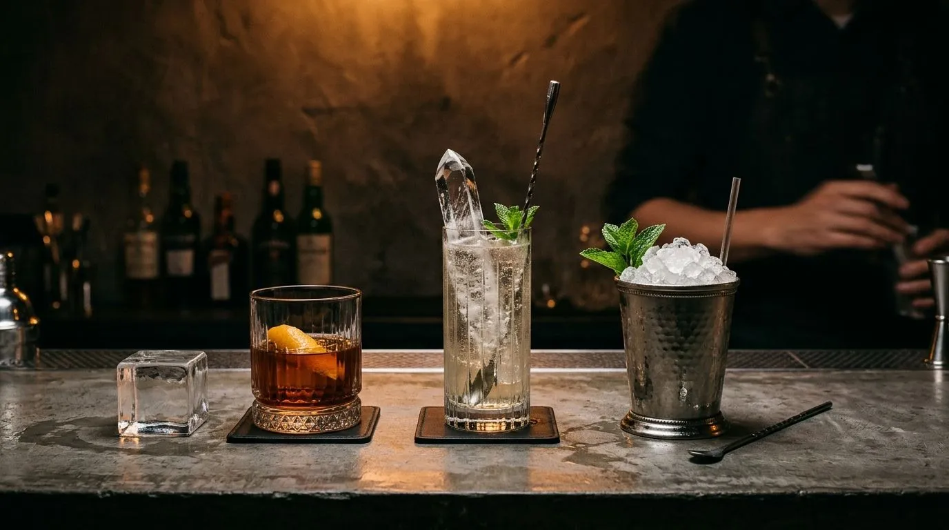 Formatos de hielo para coctelería: cubo grande, lanza y pilé junto a sus vasos