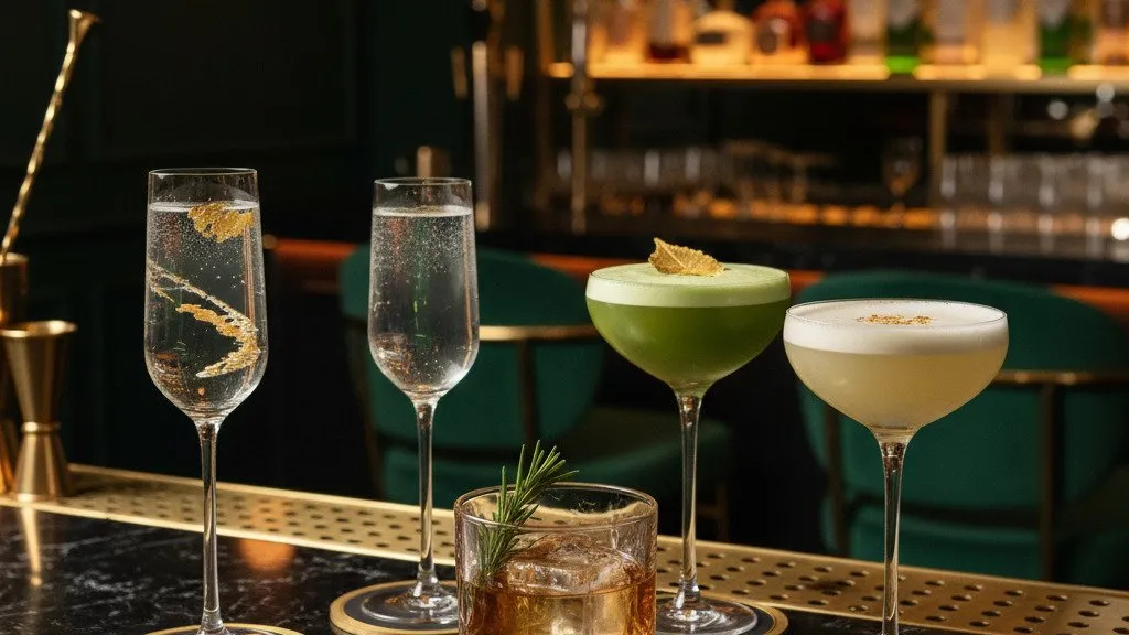 Five STILLROOM signature cocktails presented at the bar: two flute glasses with gold leaf, two coupes crowned with foam and a rocks glass with ice and a sprig of rosemary