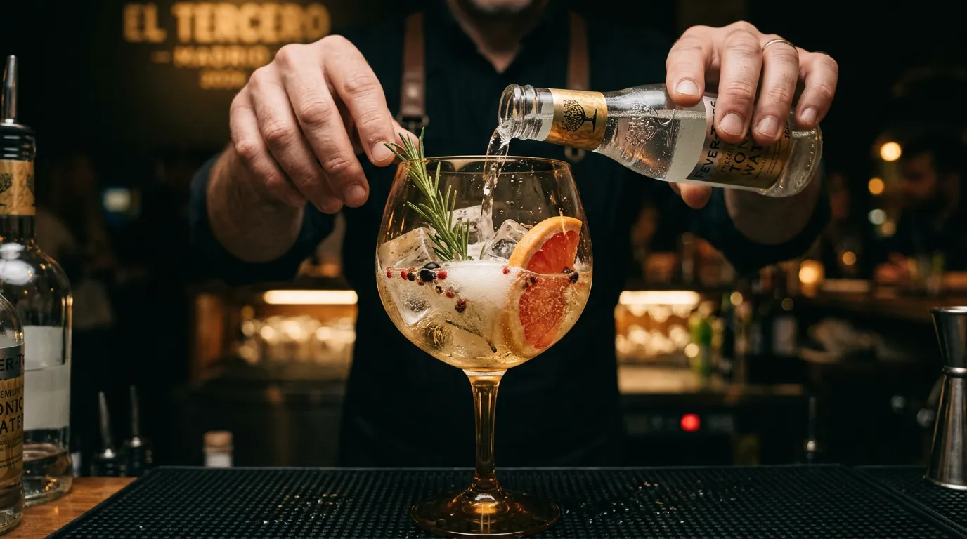 Bartender preparando un gin tonic perfecto en copa balón con botánicos
