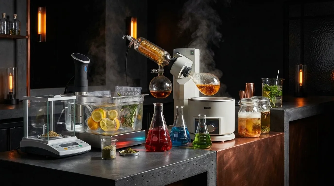 Laboratorio de coctelería con rotavapor, circulador de sous-vide, báscula de precisión, matraces con destilados de colores y tarros de fermentados