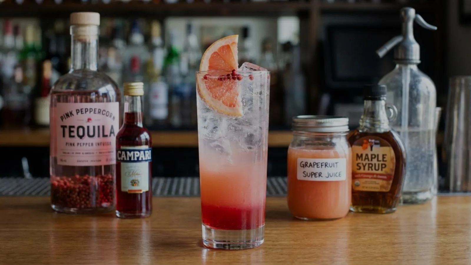Cóctel largo de pomelo con hielo servido sobre la barra de madera, entre botellas de destilados, un sifón de soda y tarros con zumo y sirope