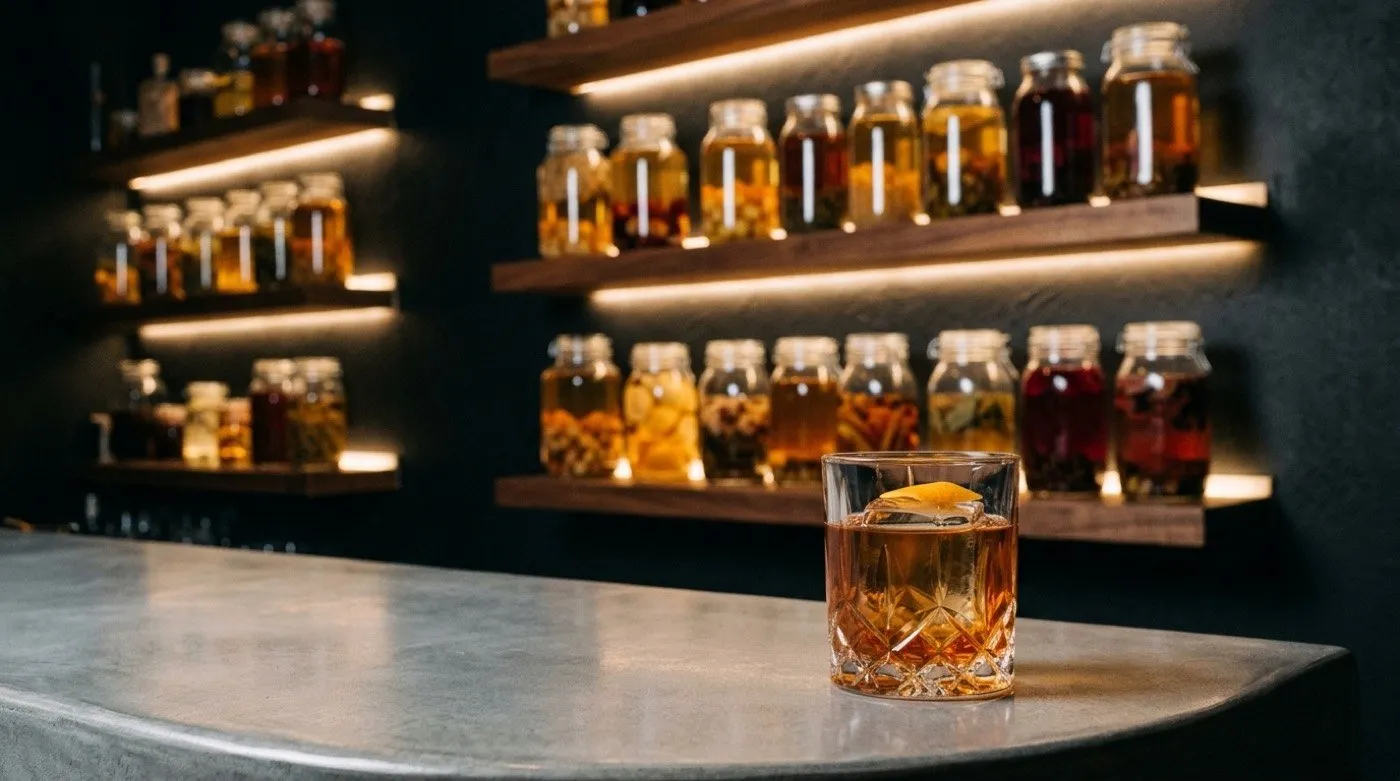Shelves with jars of homemade infusions and ferments next to an infused cocktail at the STILLROOM bar, laboratory cocktail making in Madrid