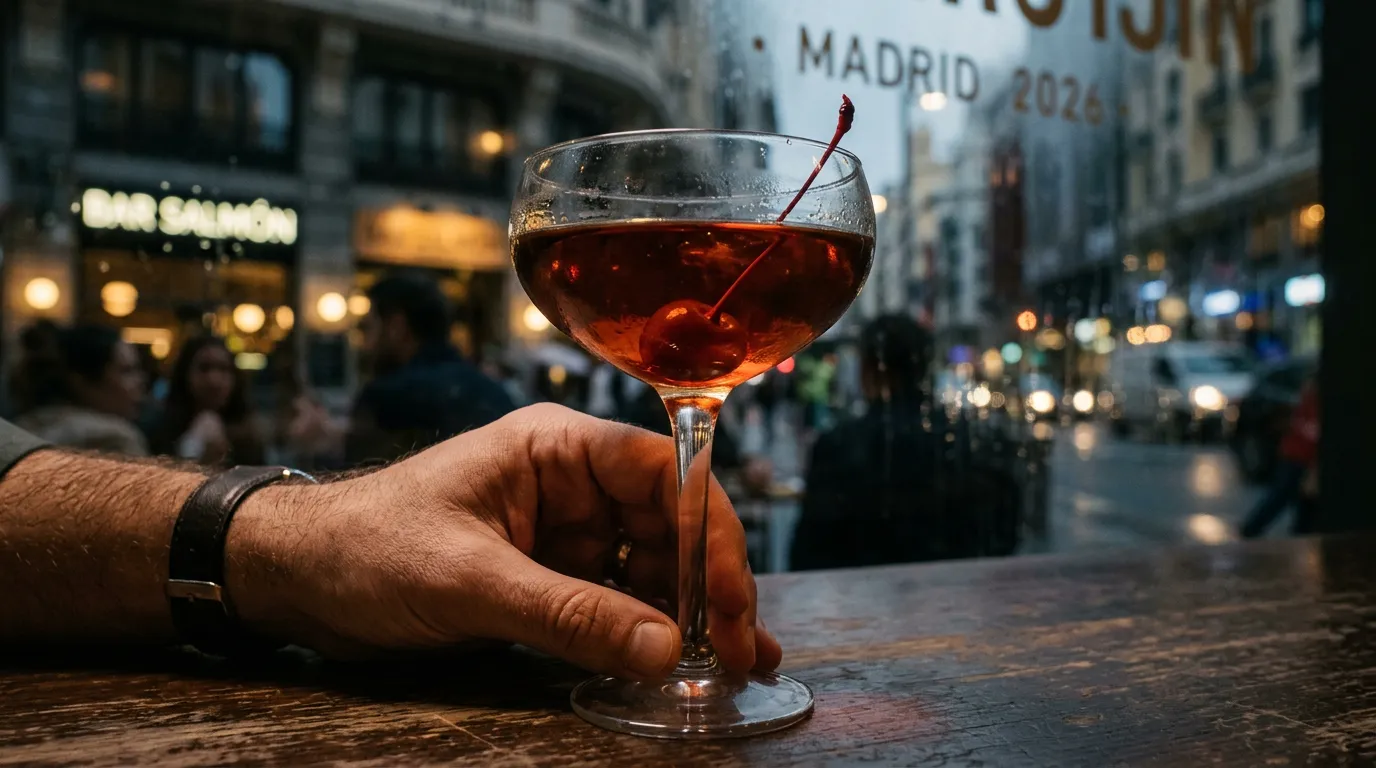 Manhattan clásico con cereza luxardo sumergida en el cóctel