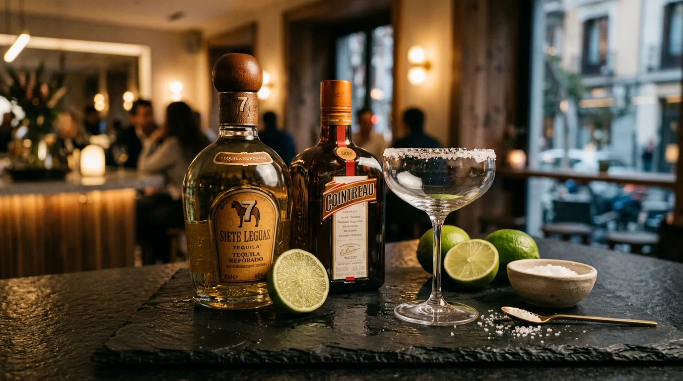 Ingredients for a margarita: tequila, Cointreau, limes and salt