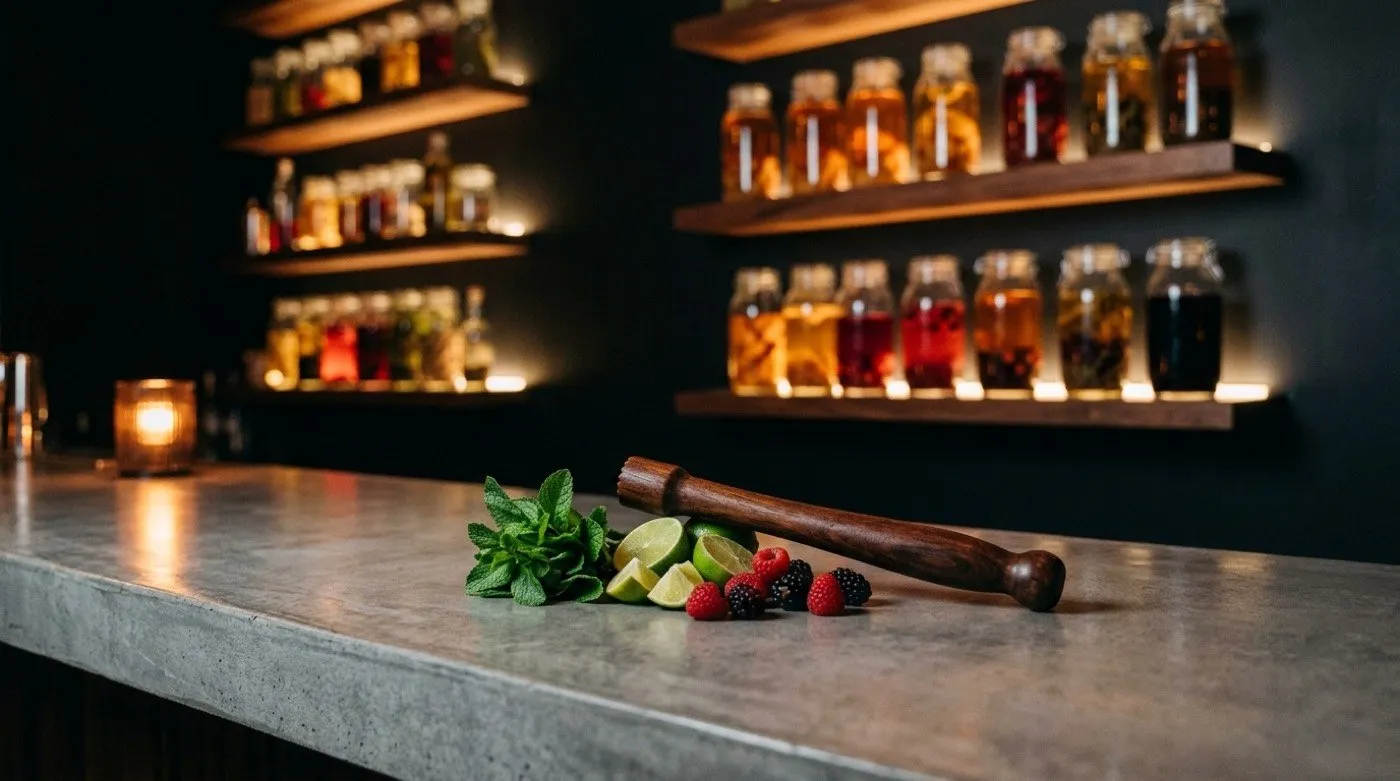 Muddler de madera junto a hierbabuena, lima y frutos rojos en la barra de microcemento de STILLROOM