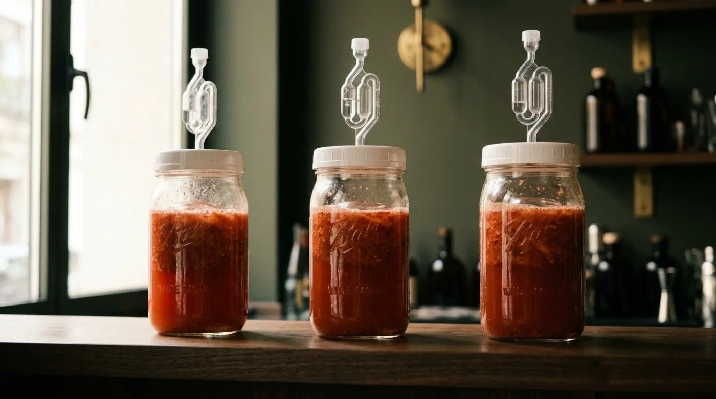 Tarros de cristal con naranja en proceso de lactofermentación en STILLROOM Madrid: cítrico macerando con cultivos vivos durante 7-14 días