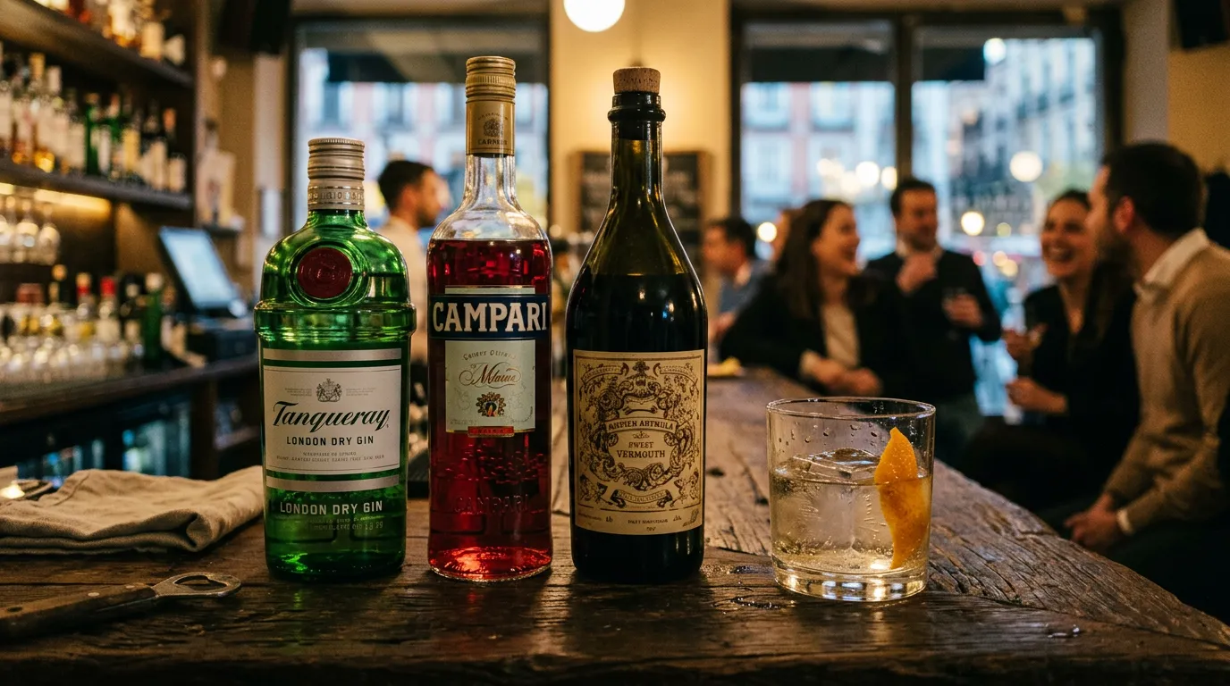 Ingredientes del negroni: ginebra, Campari y vermut rojo con twist de naranja