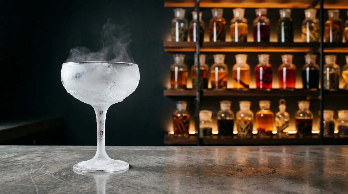 Frosted glass covered in frost and cold mist after being chilled with liquid nitrogen at the STILLROOM bar