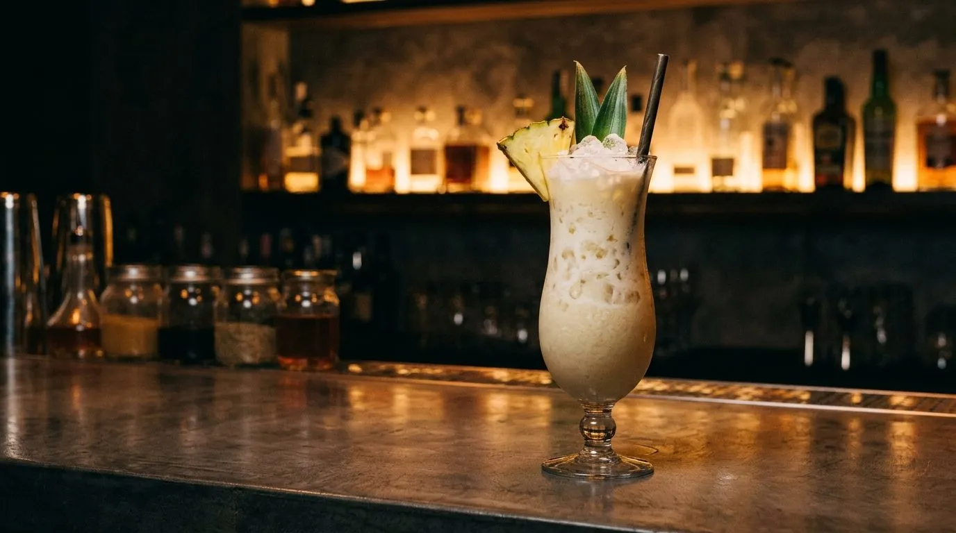 Creamy piña colada with crushed ice, a fresh pineapple wedge and green leaves as garnish, on the microcement bar