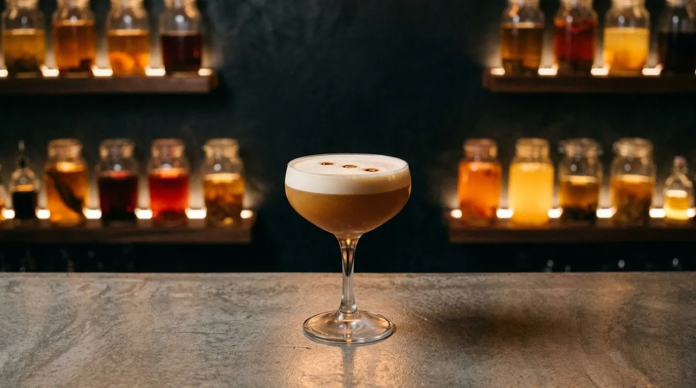 Whisky sour served in a glass with foam and a dash of Angostura at the microcement bar at STILLROOM