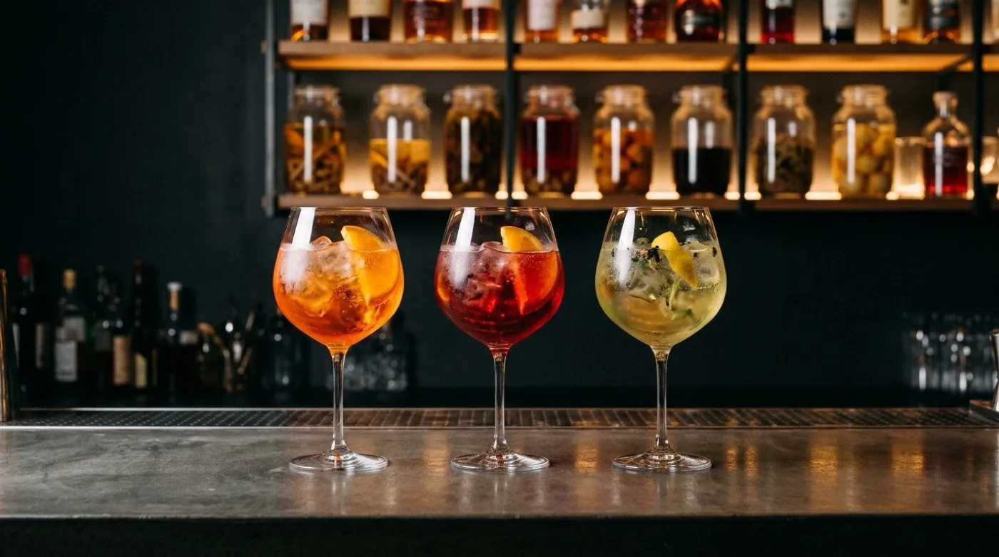 Three spritzes in different hues — orange, red and pale — lined up showing the variants on STILLROOM’s microcement bar