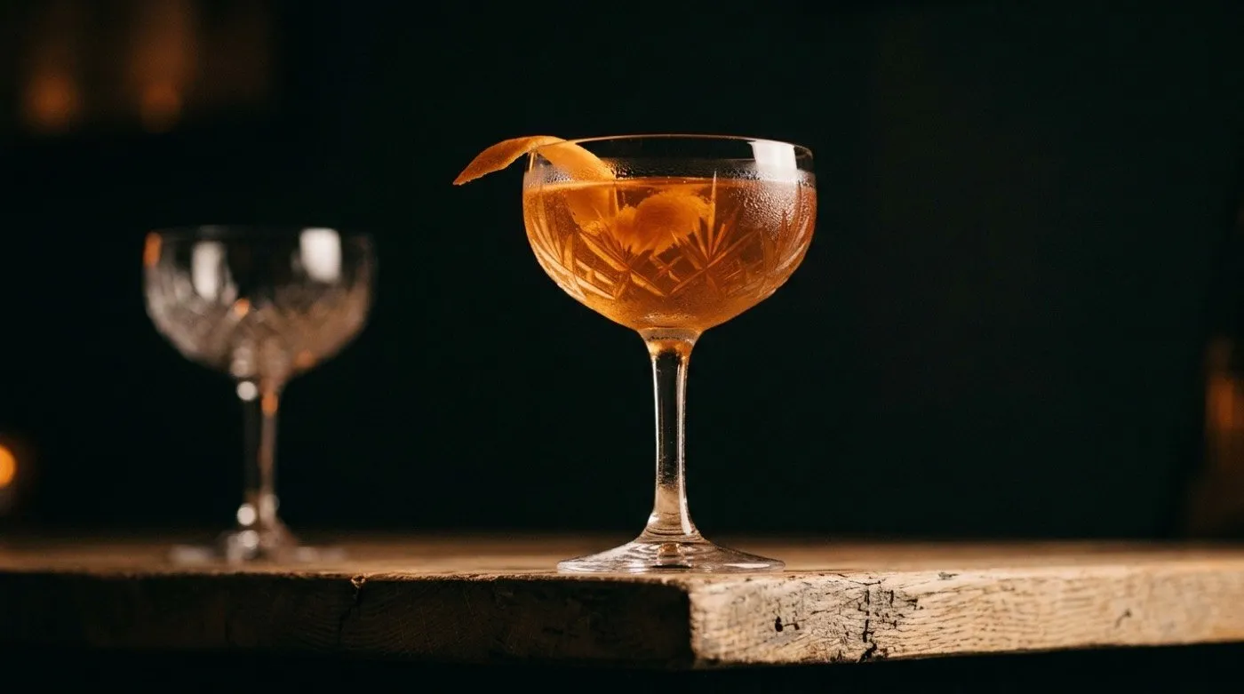 Signature cocktails for a date at Stillroom: close-up of a cocktail in a coupe glass on oak wood in dim light