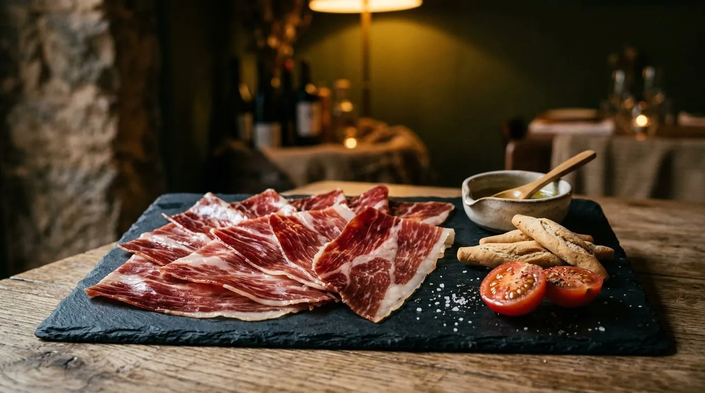 Plate of freshly hand-carved bellota Ibérico ham