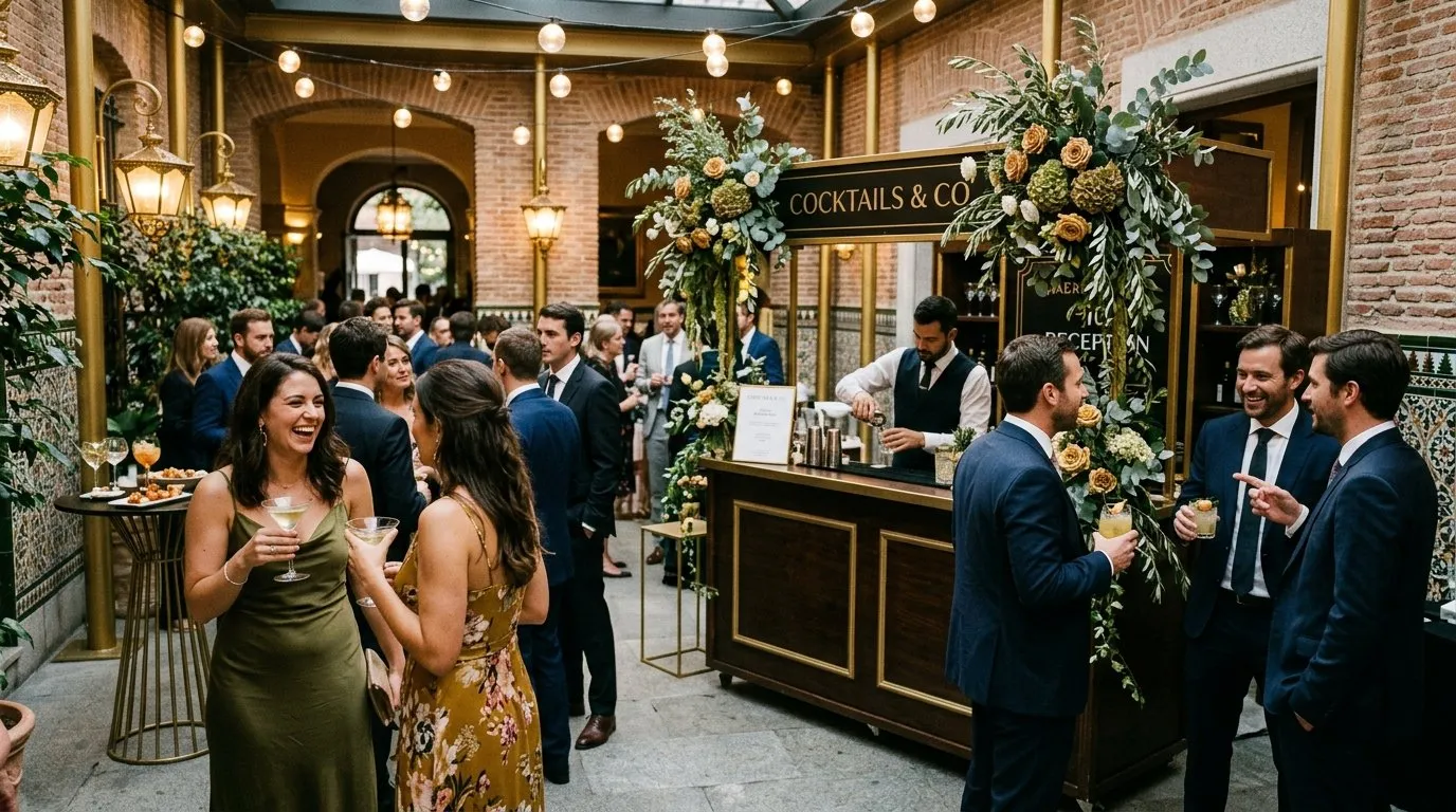 Recepción de cóctel en boda con barra portátil de coctelería de autor en Madrid