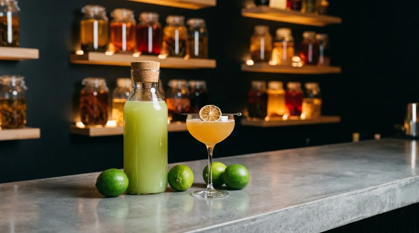 Bottle of high-yield lime super juice next to a citrus cocktail at the microcement bar at STILLROOM