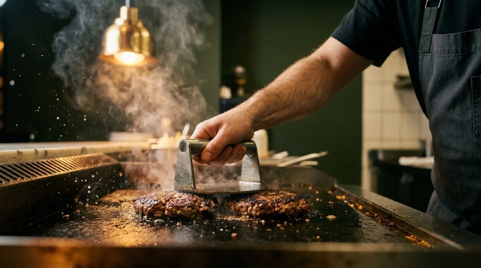 Técnica smash burger en plancha caliente a 280 grados: aplastado de la carne para crear costra Maillard crujiente en STILLROOM Madrid