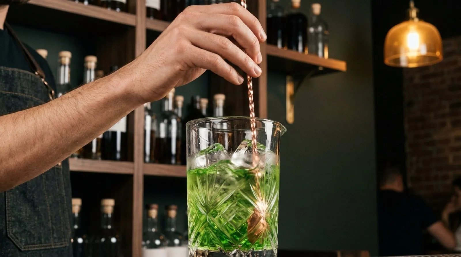 Stirred technique for the Green Negroni at STILLROOM Madrid: an aproned bartender stirring the green cocktail with ice in a carved mixing glass, with a copper bar spoon and the bar’s shelving in the background