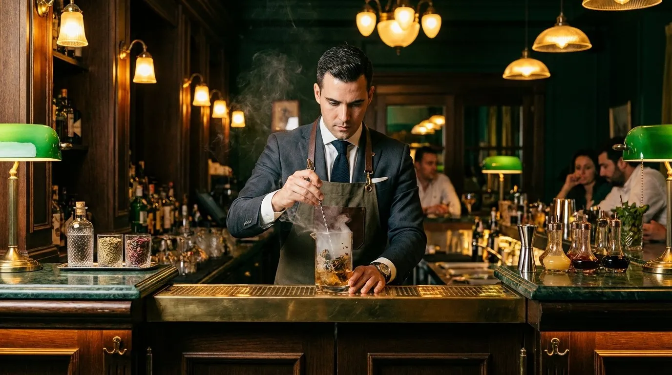 Professional bartender preparing a craft cocktail behind an elegant bar