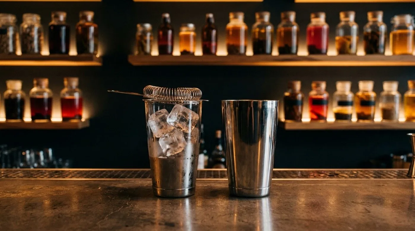 The two metal vessels used for throwing, with ice and strainer, on the microcement bar at STILLROOM