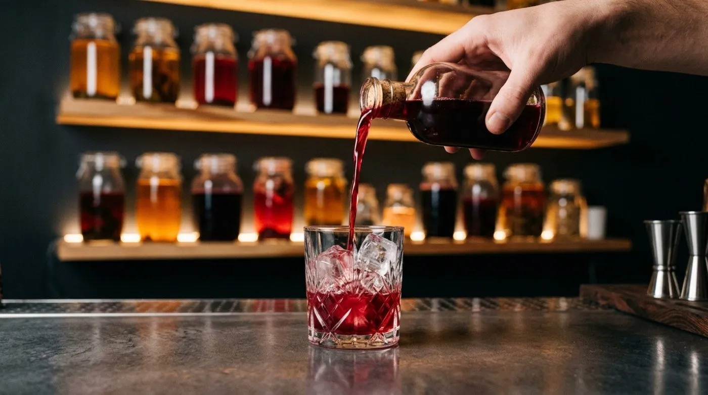 Mixed berry shrub syrup being poured over a glass with ice at the microcement bar at STILLROOM
