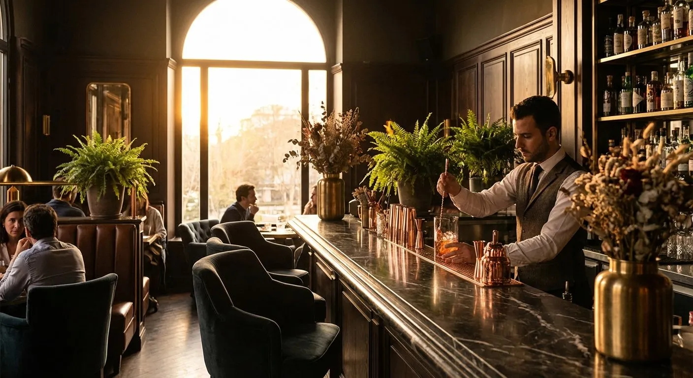 Interior cálido de una coctelería del barrio de los Jerónimos: un bartender remueve un cóctel sobre la barra de mármol, con vasos mezcladores de cobre, sillones de terciopelo y luz de atardecer entrando por el ventanal