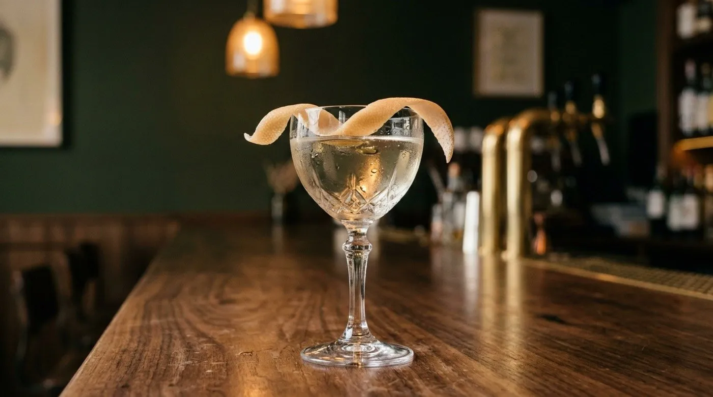 Finished clarified cocktail served in a coupe glass on the walnut bar at STILLROOM Madrid Jerónimos: crystal-clear liquid with citrus peel