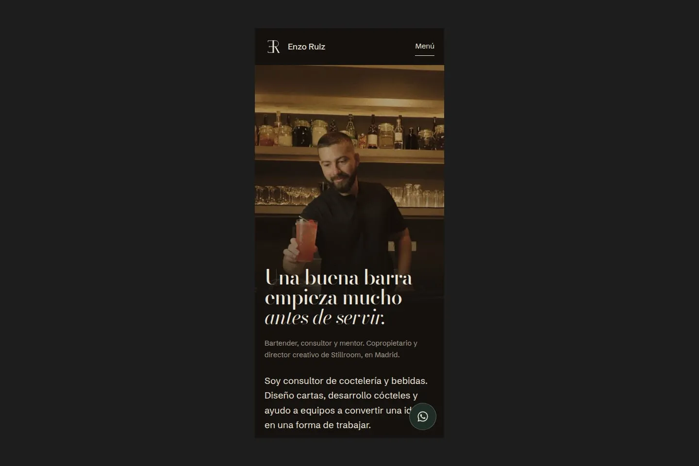Versión móvil de la home de enzoruiz.es, con el menú, el titular del hero y la foto de Enzo Ruiz en la barra