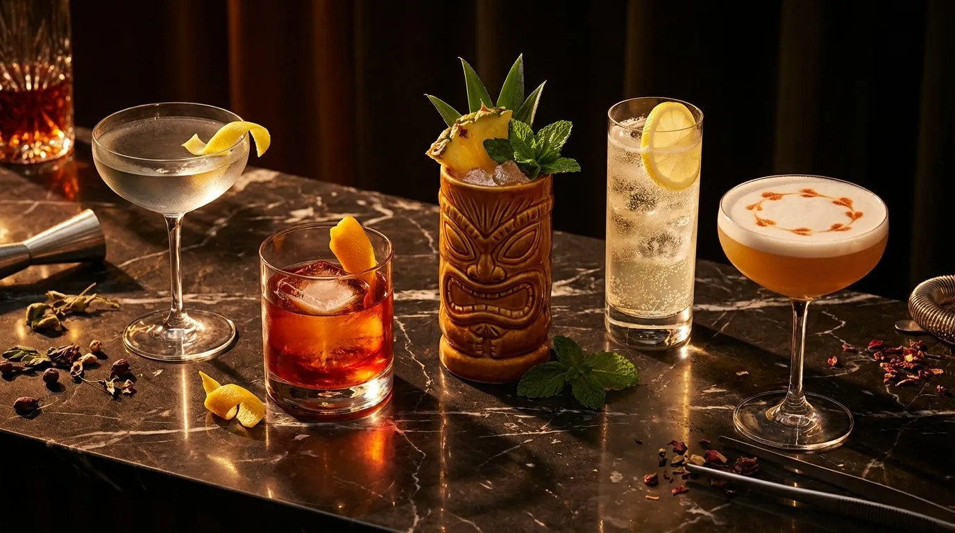 Cinco cócteles de familias distintas alineados sobre mármol: un martini con twist, un negroni con hielo, un tiki en vaso tallado, un highball y un sour en copa coupe