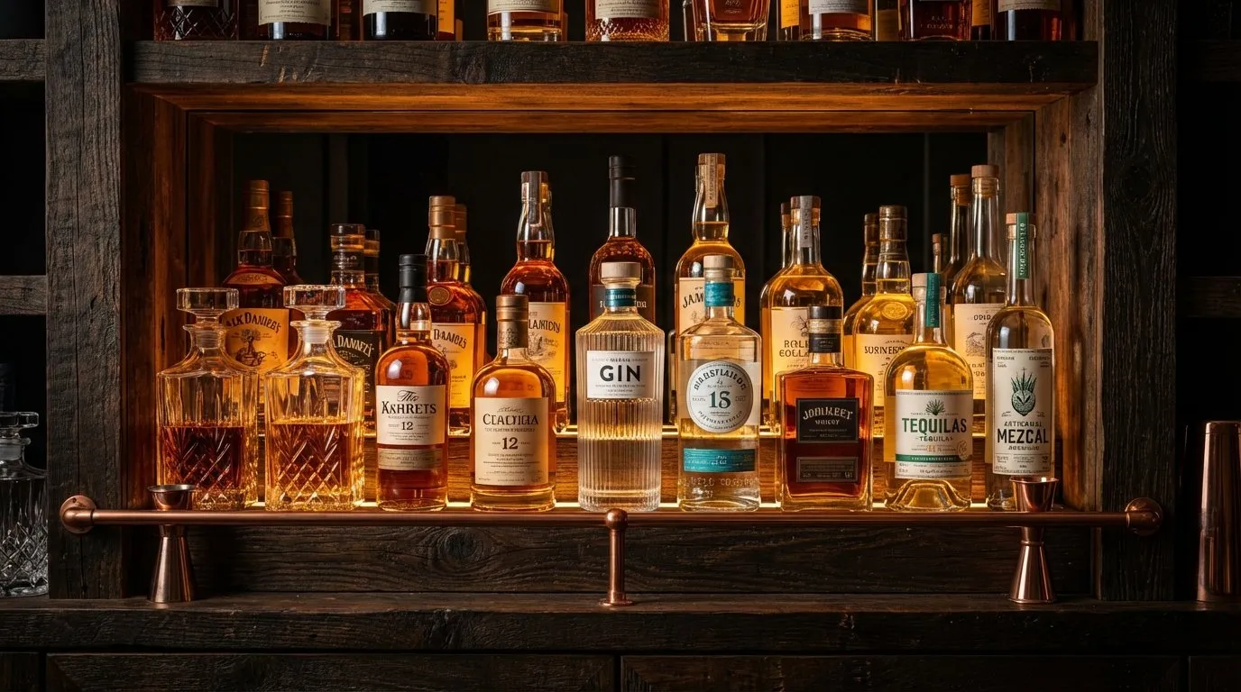 Estantería de barra iluminada con botellas de los destilados base de la coctelería: ginebra, ron, tequila, mezcal y whisky