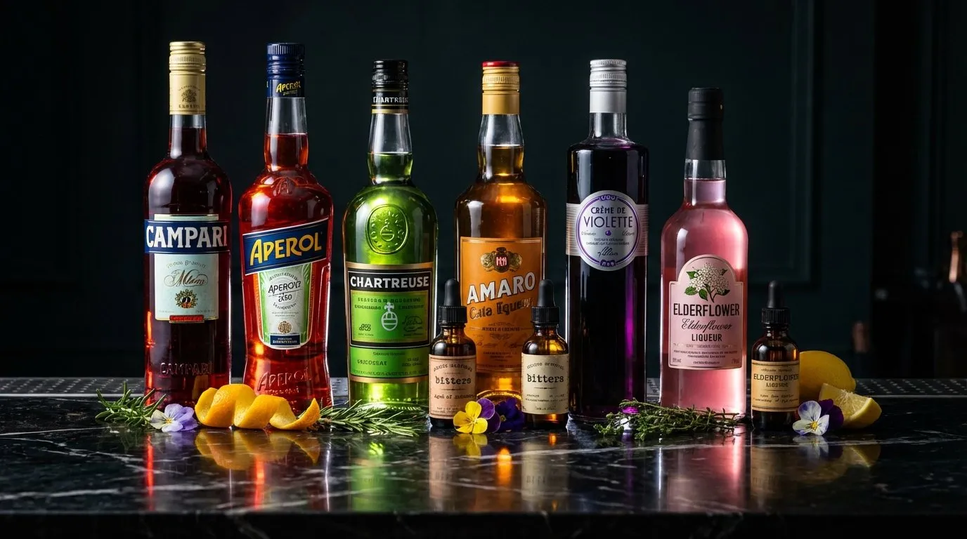 Botellas de licores y modificadores sobre una barra de mármol —bitter rojo, amaro, licor de hierbas, crema de violeta y licor de saúco— junto a frascos cuentagotas de bitters
