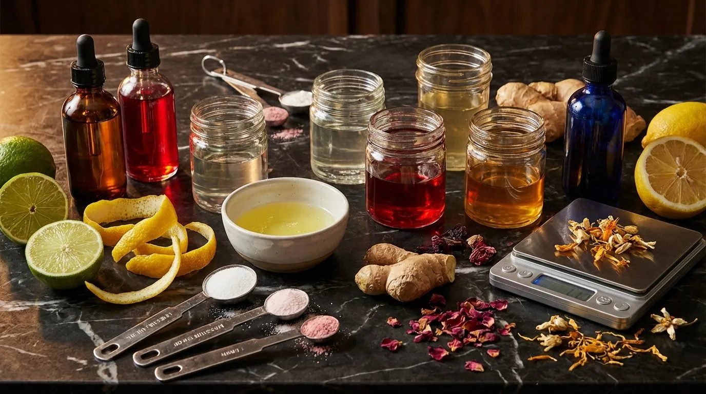 Ingredientes técnicos de coctelería sobre mármol oscuro: frascos cuentagotas con tinturas, tarros de jarabes, cítricos, jengibre, flores secas, cucharas medidoras y una báscula de precisión