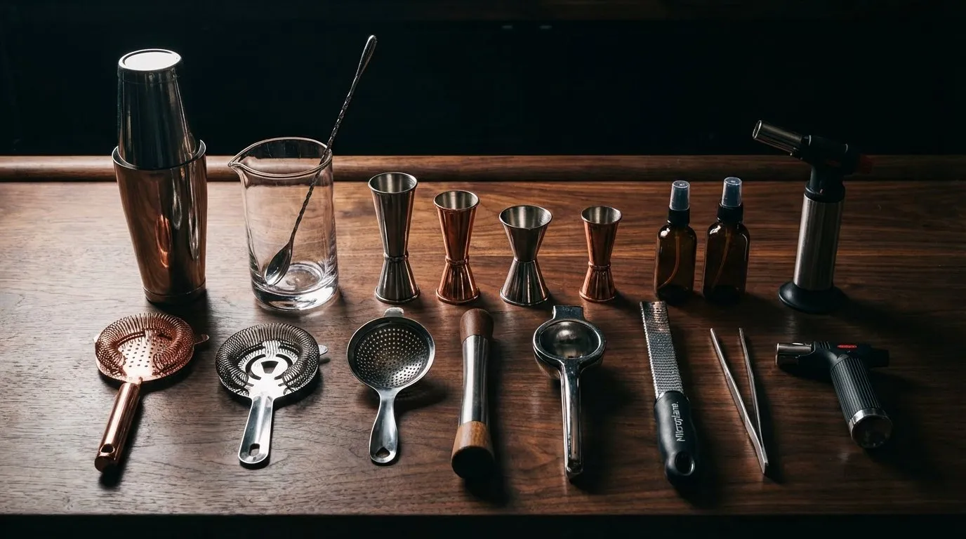 Herramientas de barra ordenadas sobre madera: coctelera, vaso mezclador, cuchara de bar, jiggers, coladores de gasa y julep, maza, pinzas, acanalador y soplete