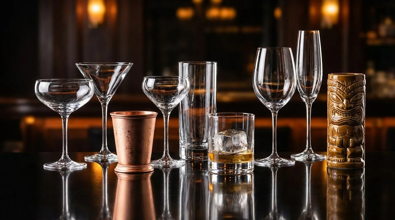 Cristalería de coctelería alineada sobre una barra reflectante: copa coupe, copa de martini, Nick and Nora, vaso highball, vaso old fashioned, copa de vino, flauta, vaso julep de cobre y taza tiki