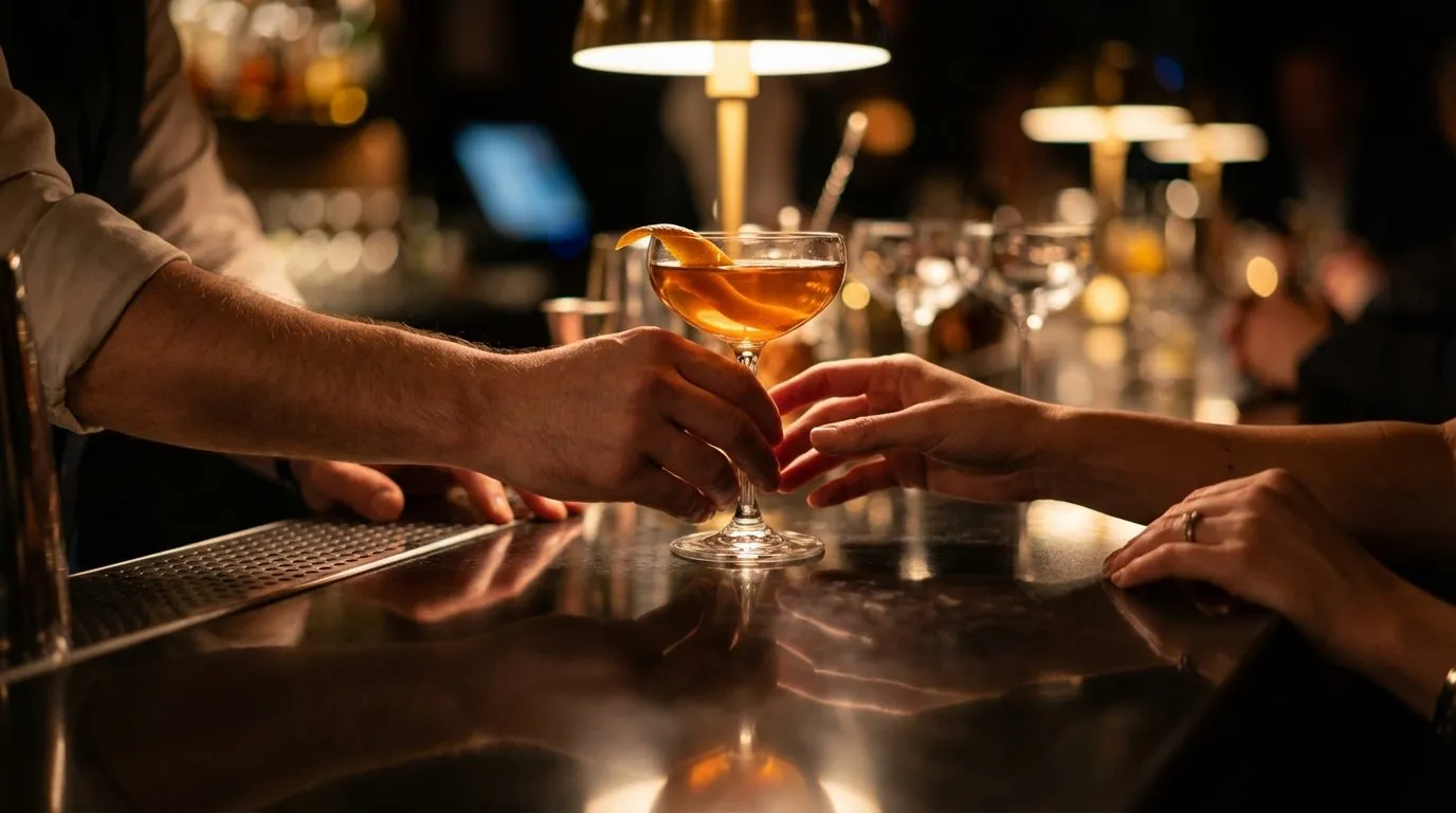Un bartender entrega una copa coupe con un cóctel ámbar a una clienta al otro lado de la barra, en penumbra cálida