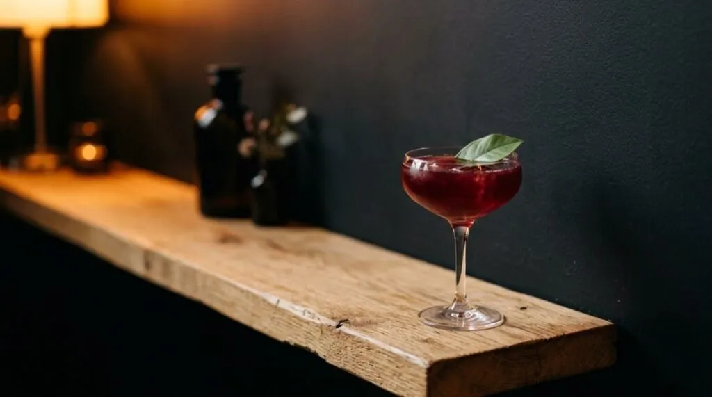 Cóctel de autor rojo en copa coupé sobre balda de roble, contra la pared oscura de Stillroom