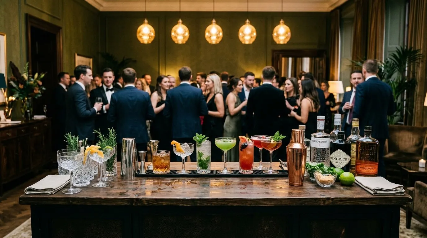 Cócteles de autor en barra portátil durante evento privado de catering en Madrid