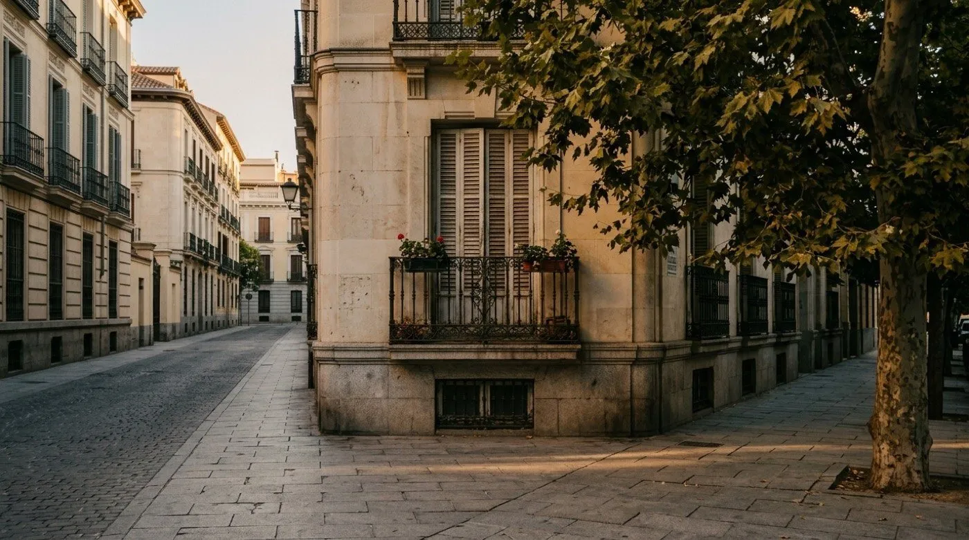 Fachadas de piedra del barrio de Los Jerónimos, Madrid, al atardecer
