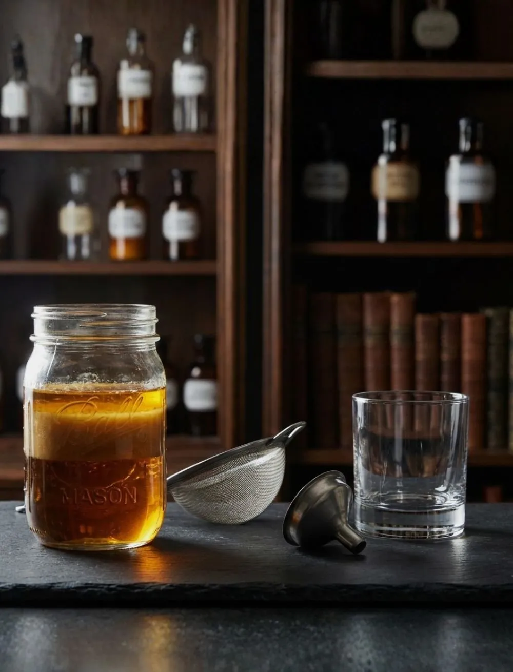Tarro de infusión para fat washing con colador y vaso sobre la mesa de trabajo