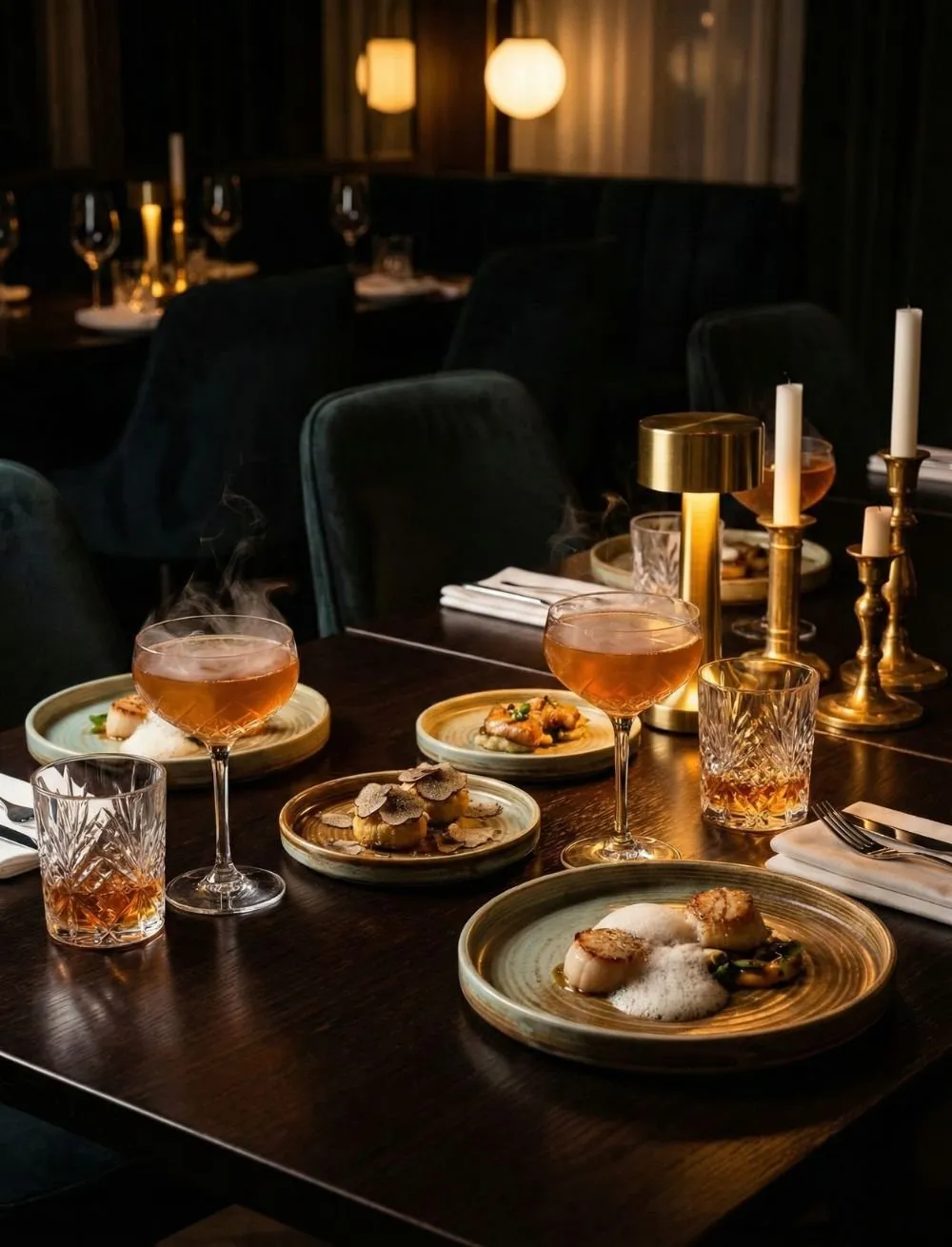 Mesa de maridaje con cócteles en copa, platos de bocados y velas en un comedor oscuro