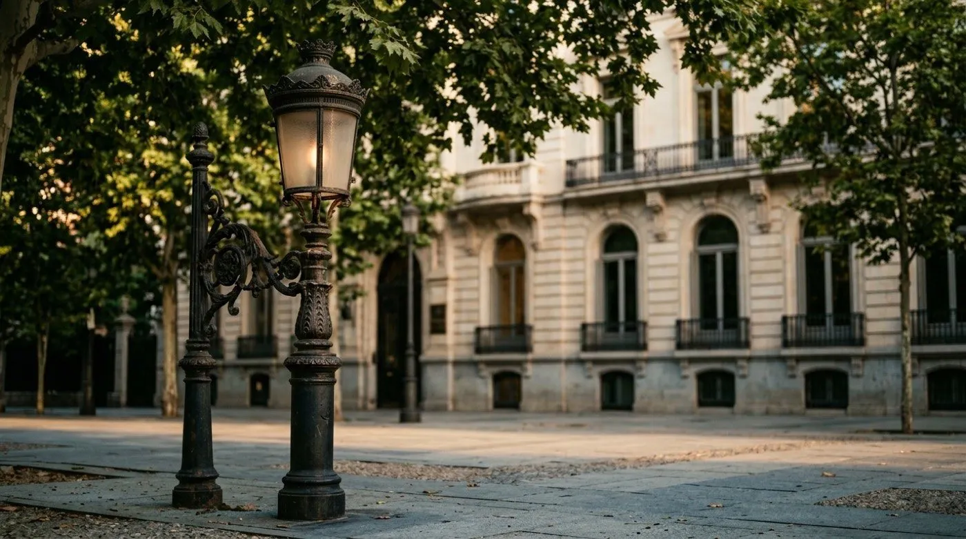 Paseo de Recoletos en Madrid al atardecer, con su bulevar arbolado