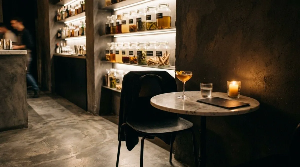 Intimate corner of Stillroom with a marble table and illuminated shelves of jars